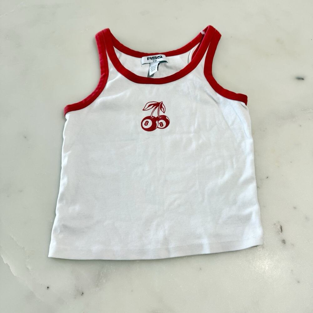 RSQ White Tank Top with Red Trim and Cherry Graphic